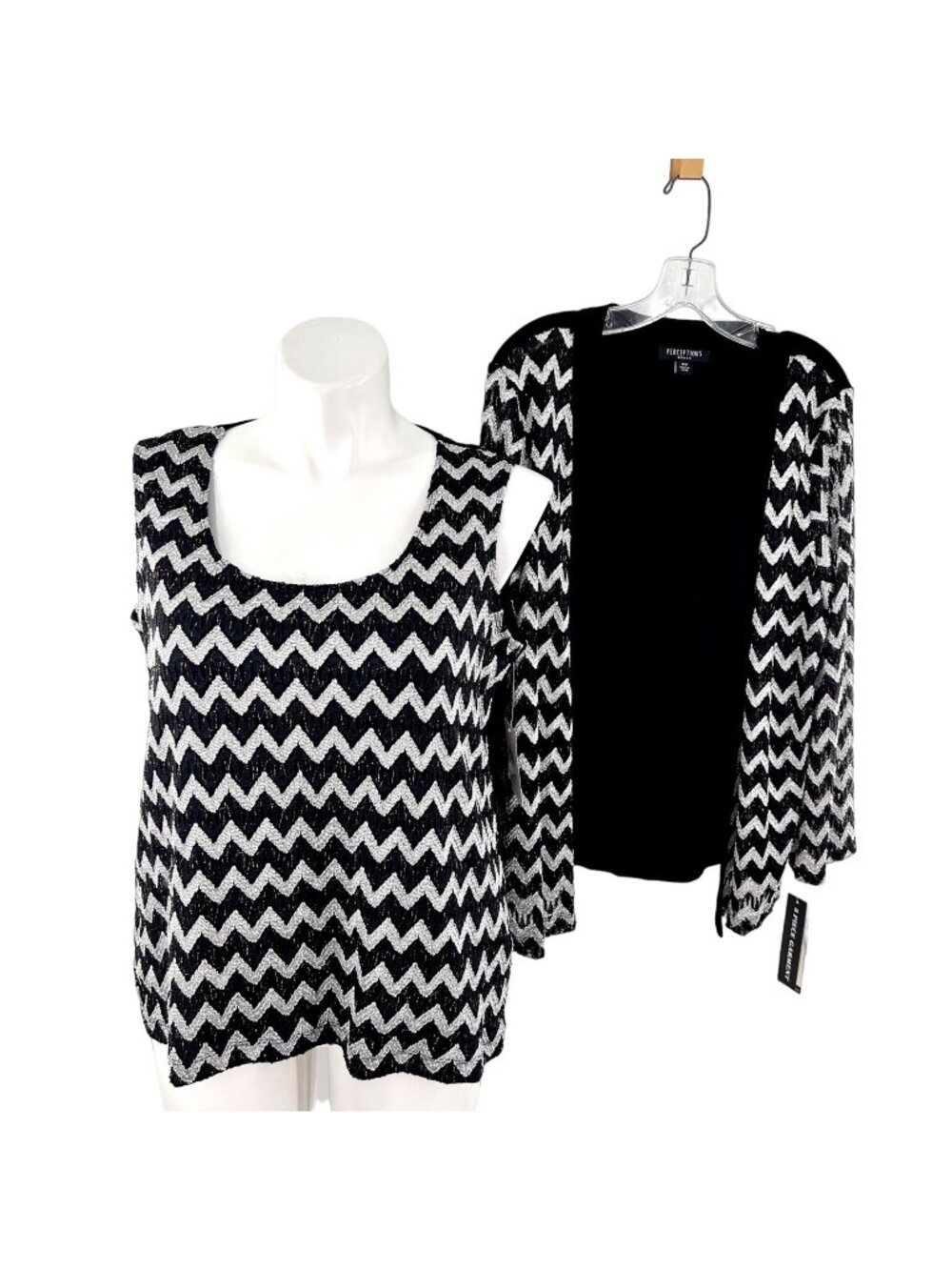 NWT PERCEPTIONS 2 PC TANK CARDI JACKET SET BLACK WHITE ZIG ZAG - 14W